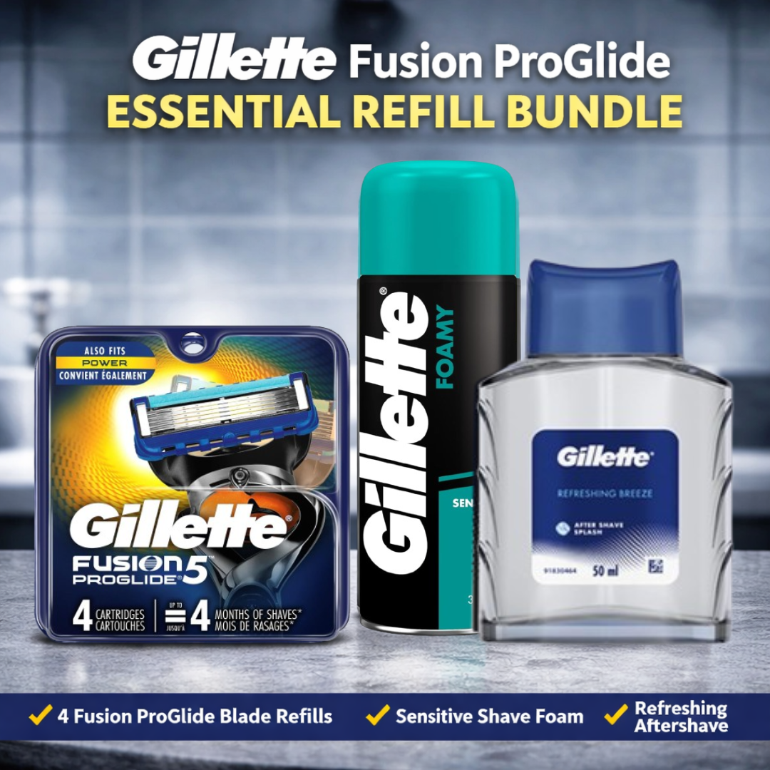 Gillette Fusion ProGlide essential refill bundle with deodorant and aftershave on a blurred bathroom background.