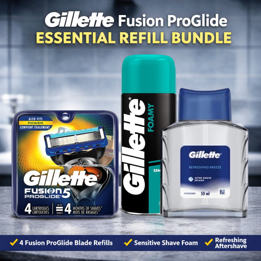 Gillette Fusion ProGlide essential refill bundle with deodorant and aftershave on a blurred bathroom background.