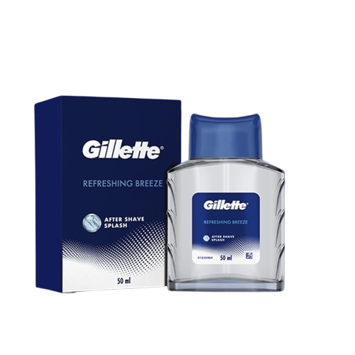 Gillette Refreshing Breeze after shave splash bottle and packaging on a white background
