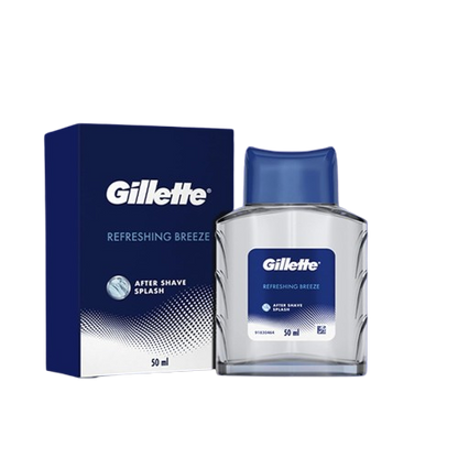 Gillette Refreshing Breeze after shave splash bottle and packaging on a white background