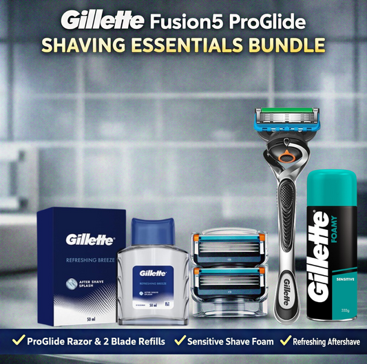 Gillette Fusion5 ProGlide shaving essentials bundle with razor and products on a bathroom counter.