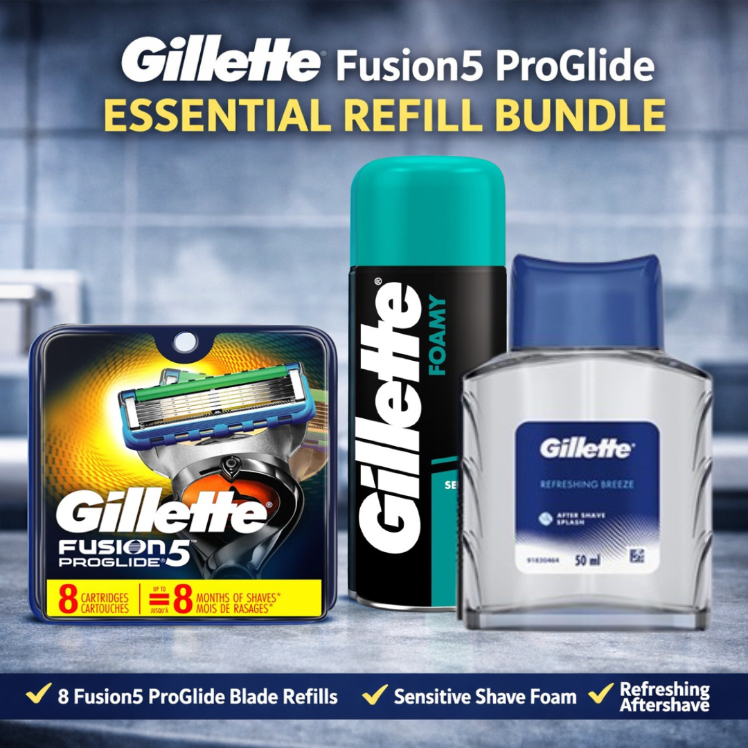 Gillette Fusion5 ProGlide essential refill bundle with packaging on a bathroom background
