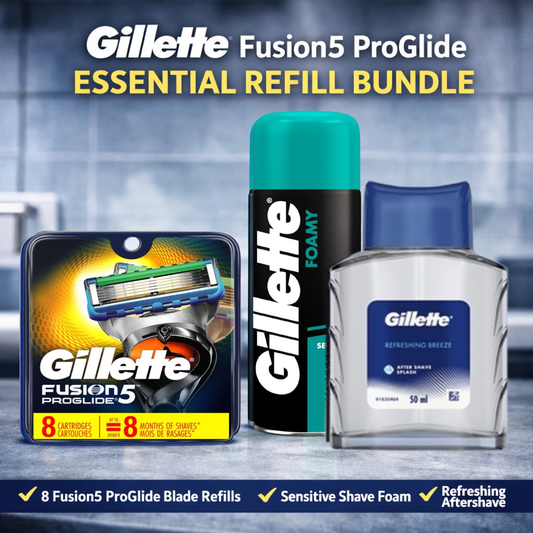 Gillette Fusion5 ProGlide essential refill bundle with packaging on a bathroom background