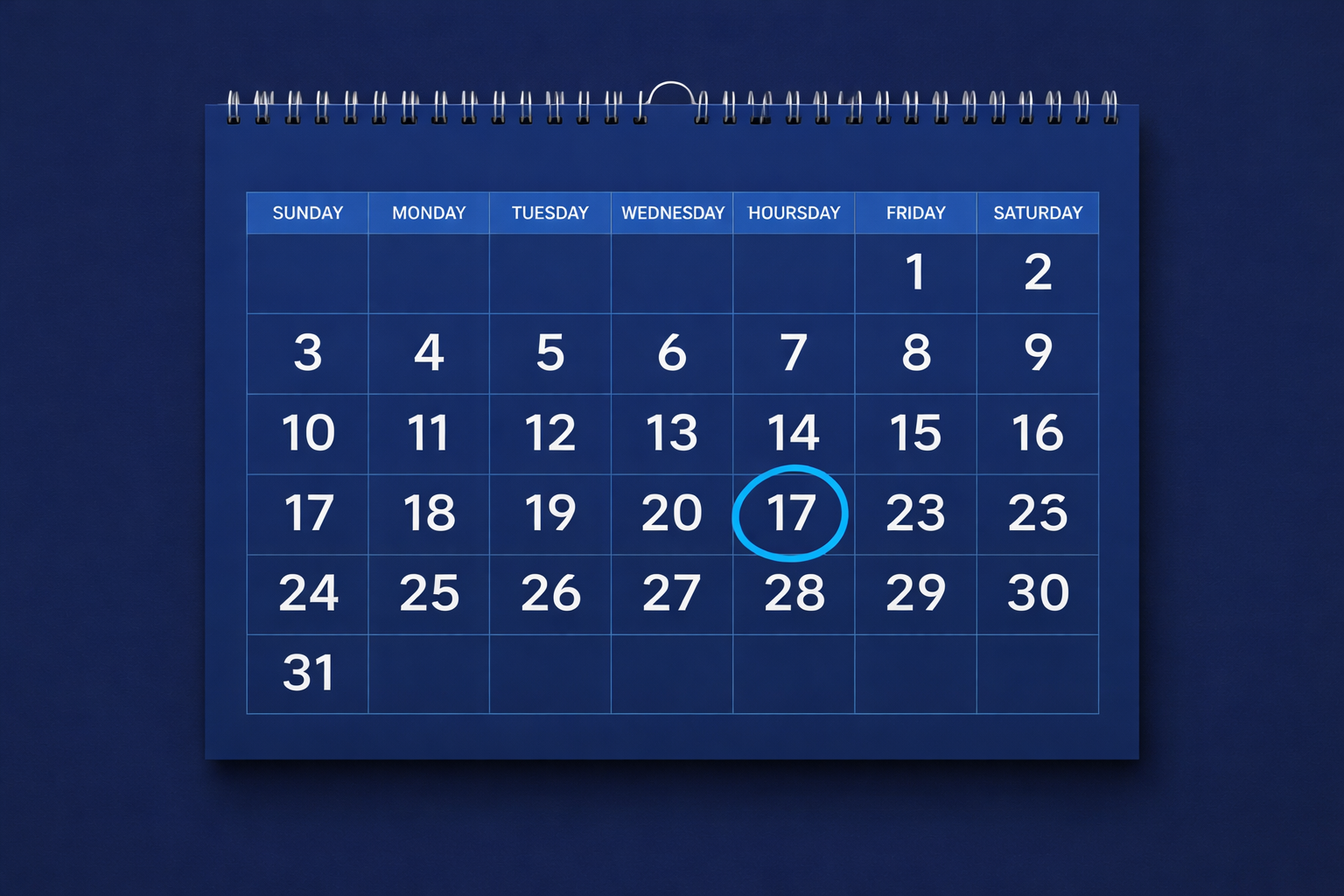 Blue calendar with a date circled on a dark blue background