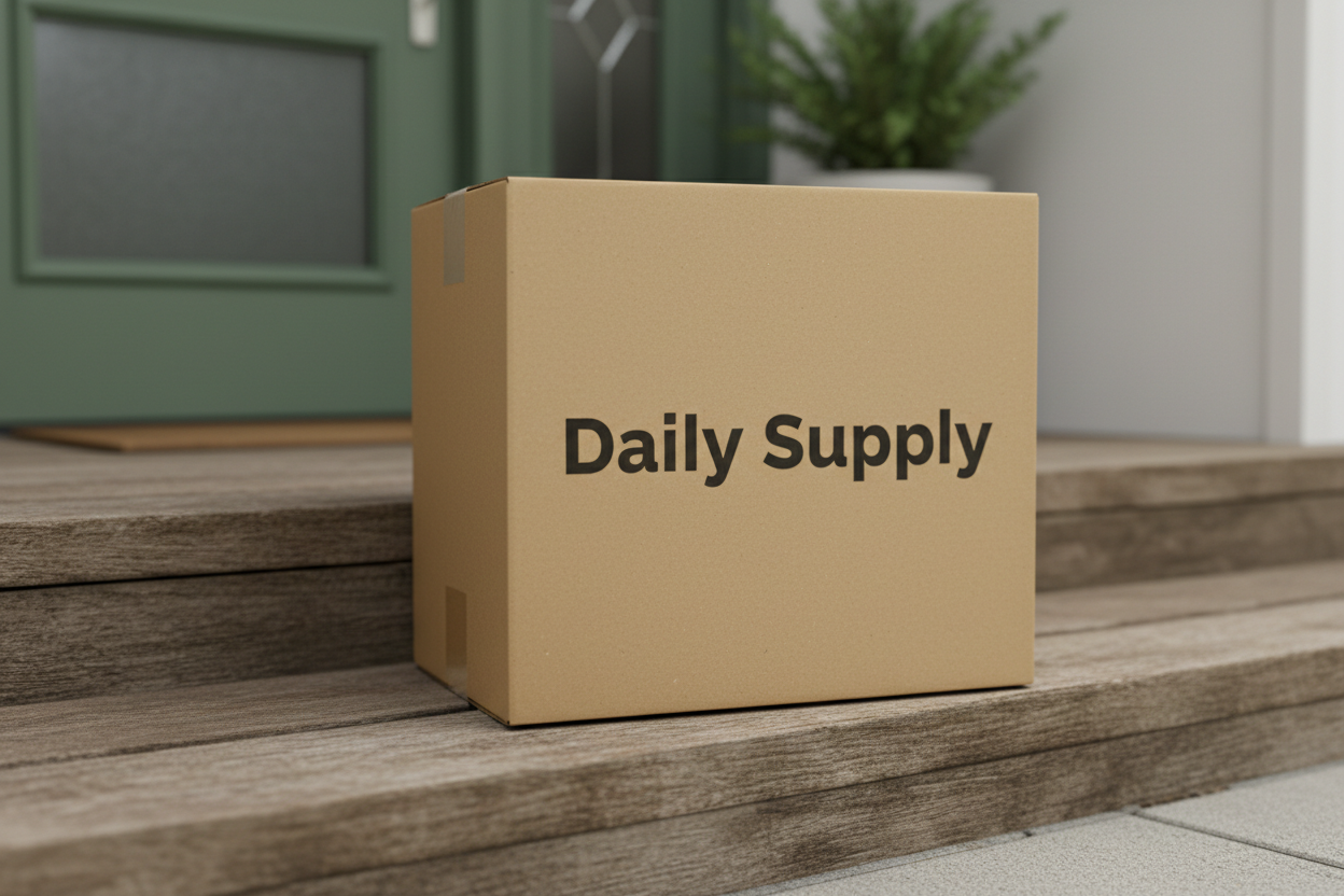 image-of-a-box-a-doorstep-with-a-simple-text-only-daily-supply-logo-on-it
